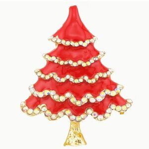 Betsey Johnson Brooch Red Enamel Christmas Tree with Crystal Trim Gold Tone